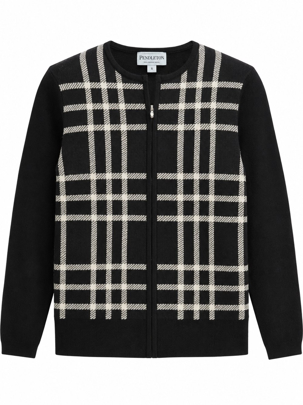 PENDLETON | Black Cream Windowpane Grid Plaid 100% Merino Wool Zip Cardigan | S